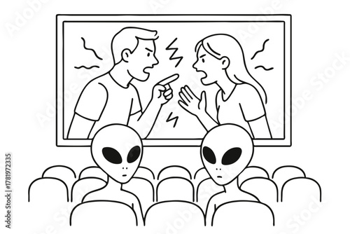 Two aliens watching a couple debating with each other in a conflict