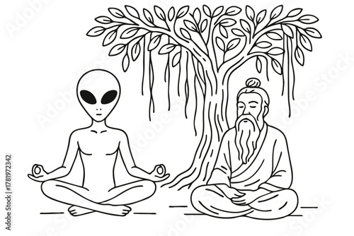 Alien being meditating together with zen old master