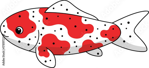 Colorful koi fish illustration with red and white spots, cute aquatic animal vector art for kids, cartoon fish drawing