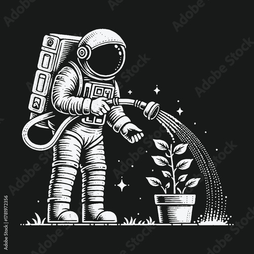Monochrome Illustration of an Astronaut Watering a Potted Plant.