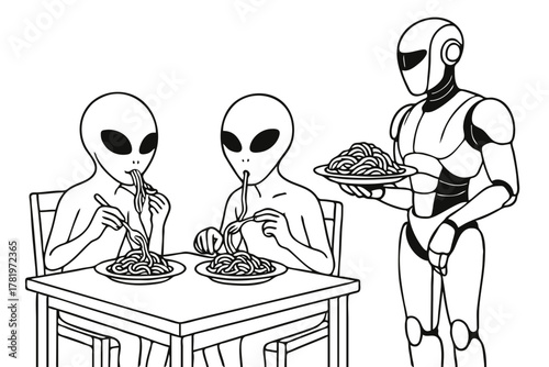 Two aliens eating italian spaghetti meal with robot serving them