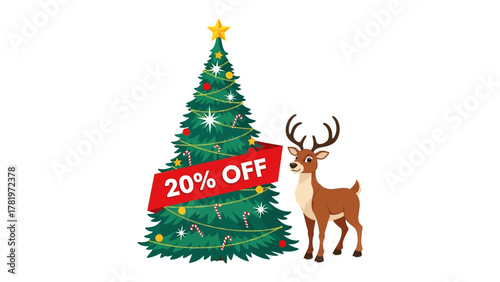 Christmas Discount: Festive holiday decorations, including a sparkling tree adorned with ornaments and a charming deer, highlight a special offer.
