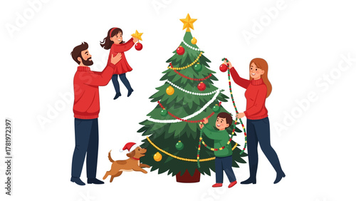 Christmas Family Moments: A family decorates their christmas tree together, embracing the festive spirit and creating joyful memories.
