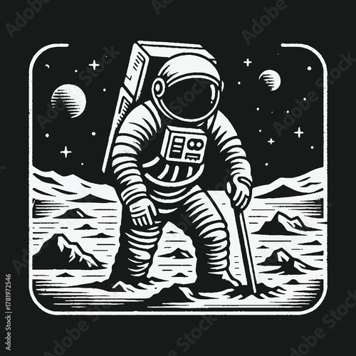 Monochrome vector illustration of an astronaut exploring the moon.