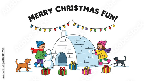 Merry Christmas Fun: Joyful scene of children and animals interacting in a winter wonderland, creating a heartwarming celebration. 