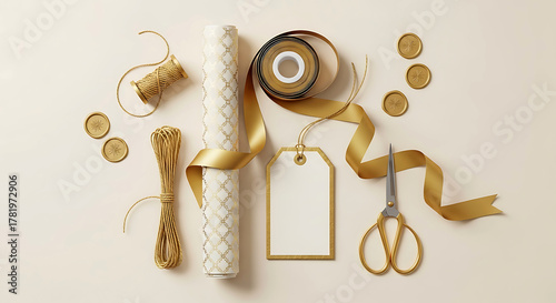 Elegant gold ribbon gift wrapping supplies with scissors and tags
