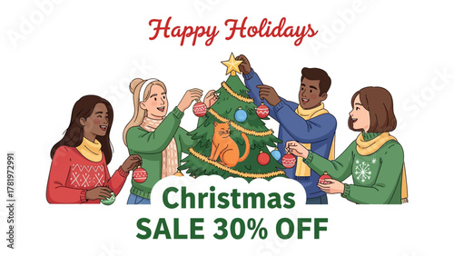 Joyful Holiday Celebrations: An illustration depicts a diverse group of friends adorned with Christmas sweaters, eagerly preparing a Christmas tree, radiating warmth and cheer for the festive holiday.