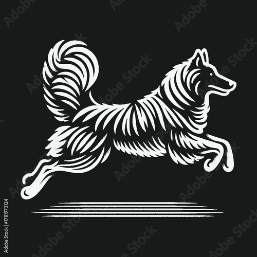Stylized white line art illustration of a running dog on a black background.