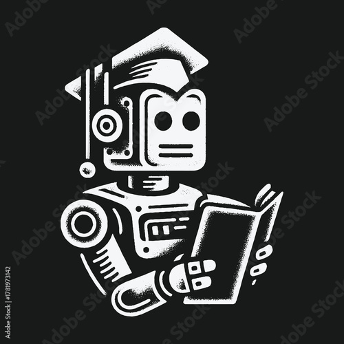 Smart robot with graduation cap studying knowledge from a book.