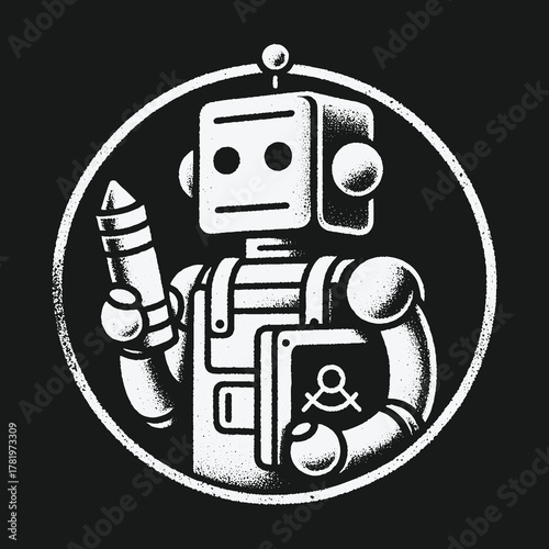Vintage style robot illustrator holding a pencil and book.