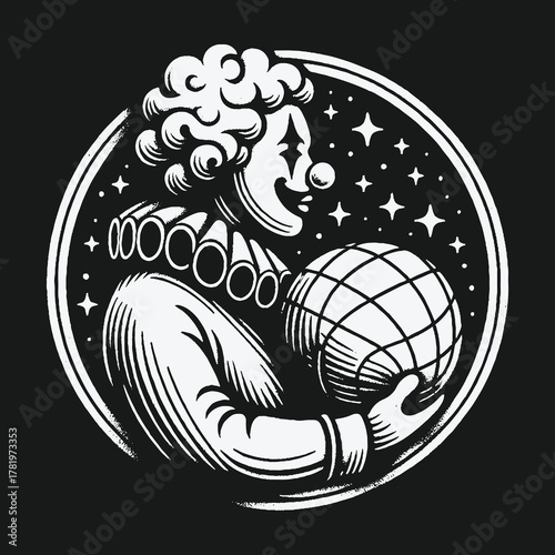 Cosmic jester holding the world in a starry night illustration.