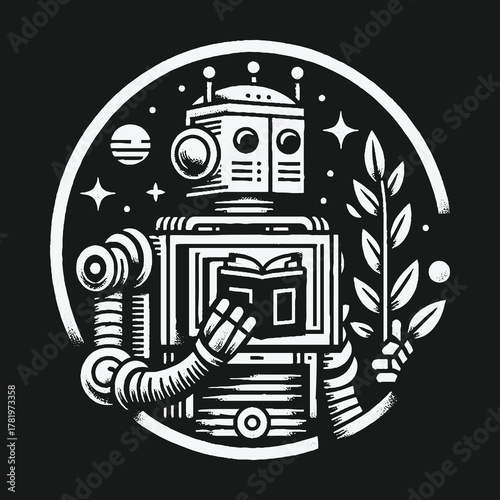 Vintage Robot Reading a Book and Holding a Peace Branch in Space.