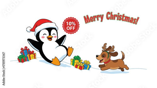 Festive Fun: A cheerful cartoon penguin, donning a Santa hat, shares the season of joy with a playful puppy amid vibrant gifts and a 10% off tag. Embrace the warmth and merriment of this image.