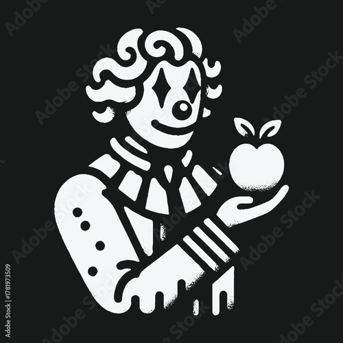 Stylized black and white illustration of a smiling clown holding an apple.