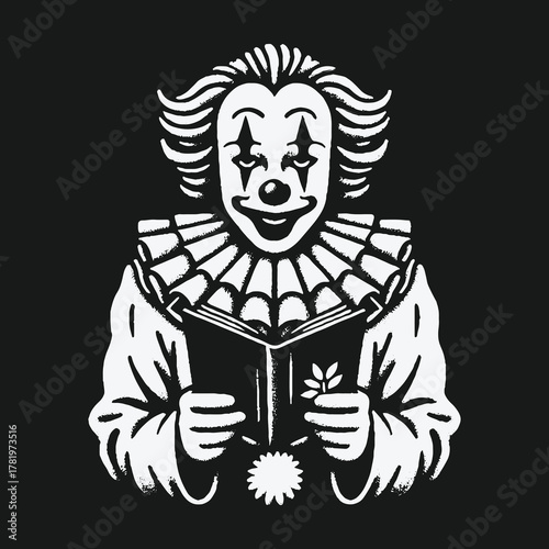 Black and white illustration of a creepy clown reading a book.