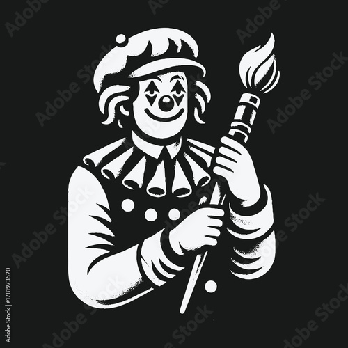 Monochrome illustration of a smiling clown holding a flaming torch.