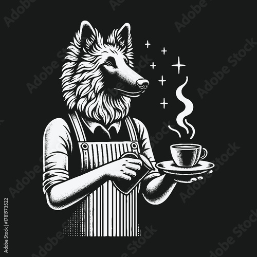 Anthropomorphic Wolf Barista Serving a Hot Cup of Coffee Illustration.