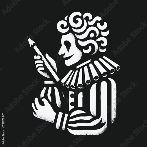 Black and white graphic illustration of a Pierrot jester writing.