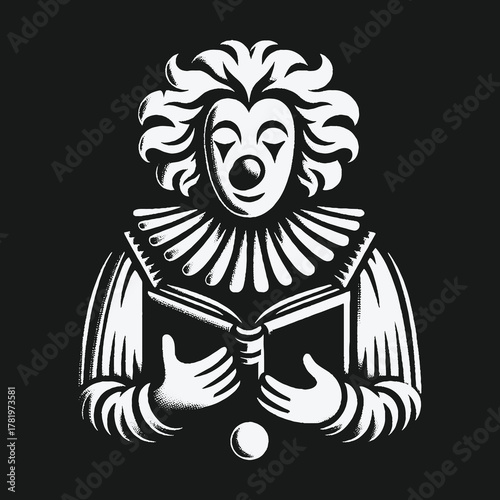 Monochrome graphic illustration of a pierrot clown reading a book.
