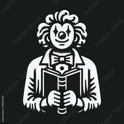 Monochrome graphic illustration of a scholarly clown holding a book.