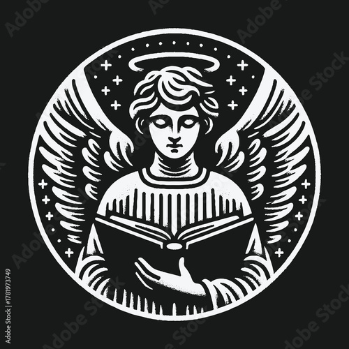 Vintage style angel with wings and halo reading a book illustration.