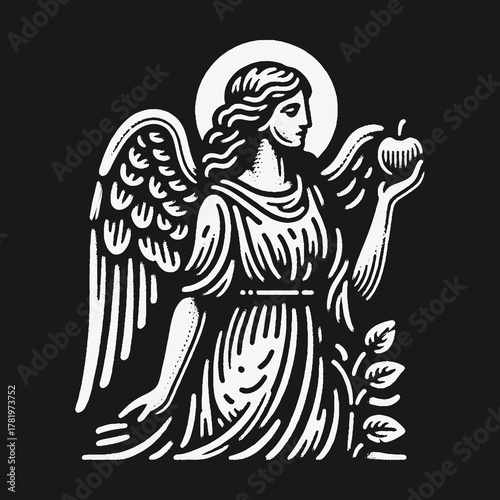 Vintage black and white linocut style angel holding an apple.