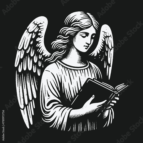 Vintage Engraving Style Angel Reading a Book on Black Background.