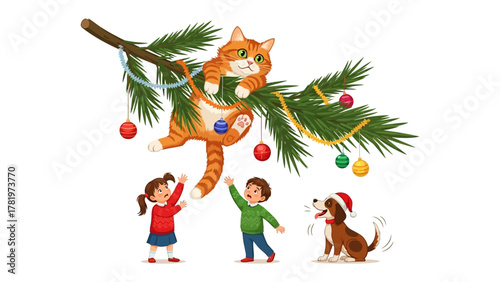 Playful Holiday Mishap: A curious feline finds itself tangled in festive decorations as two children and a puppy try to help, creating a whimsical scene of holiday cheer.