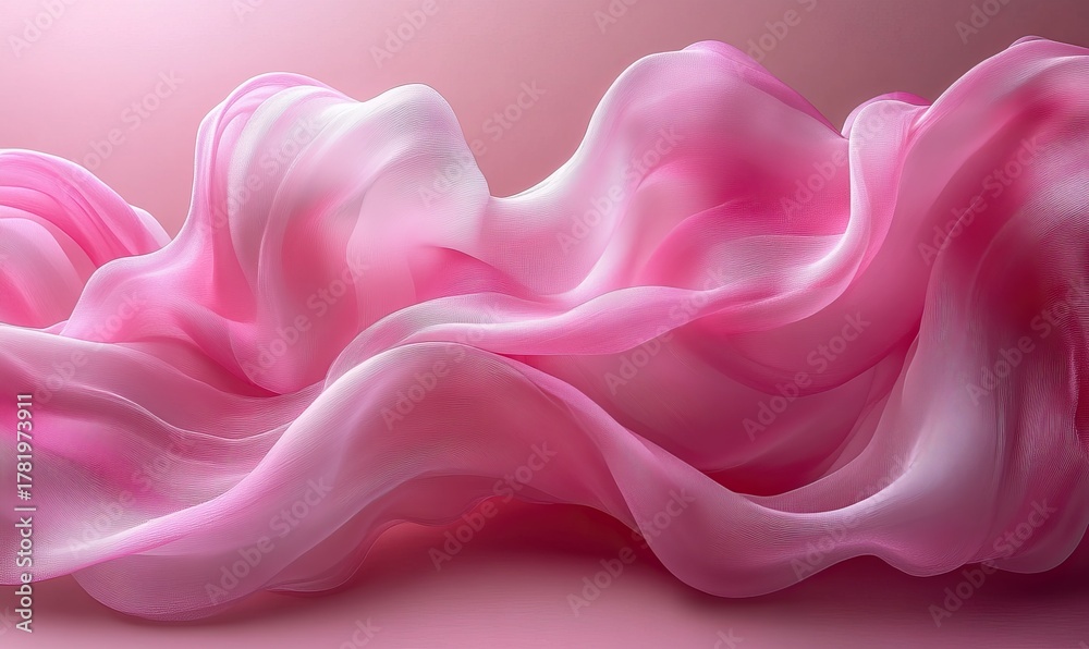 Obraz premium Flowing waves of luxurious sheer pink fabric texture creating an elegant abstract background.