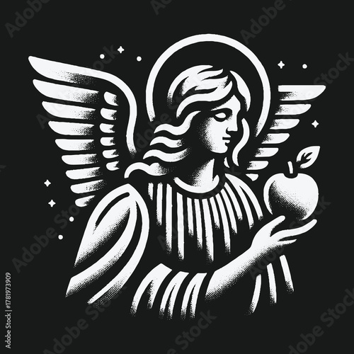Monochrome vintage illustration of a beautiful angel holding an apple.