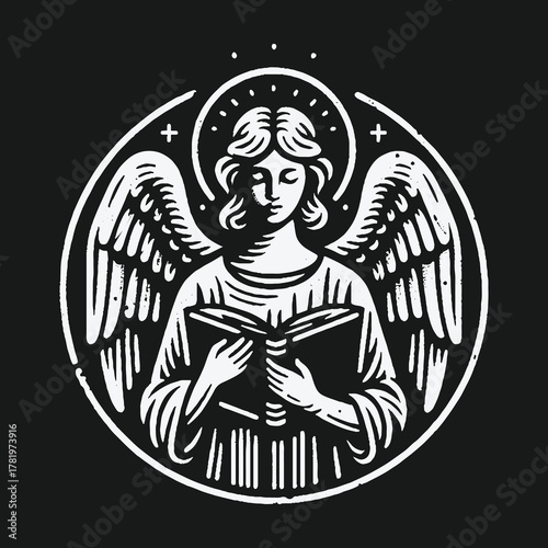 Vintage black and white illustration of a serene angel with a halo holding a book.