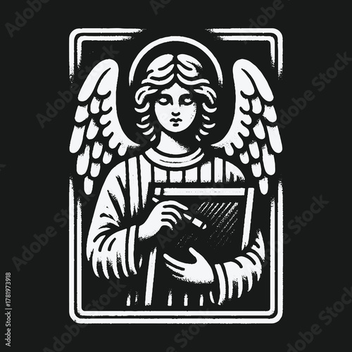 Monochrome woodcut style illustration of an angel writing in a book.