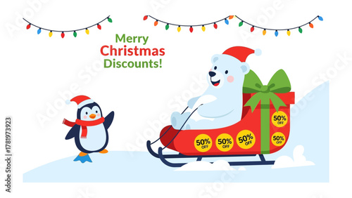 Festive Christmas Discounts: A whimsical illustration with a polar bear driving a gift-filled sled, with a penguin offering greeting.