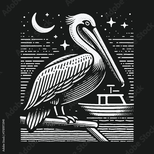 Vintage linocut style illustration of a pelican at night.