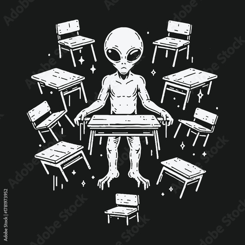 Surreal Black and White Illustration of an Alien in a Circle of Desks.