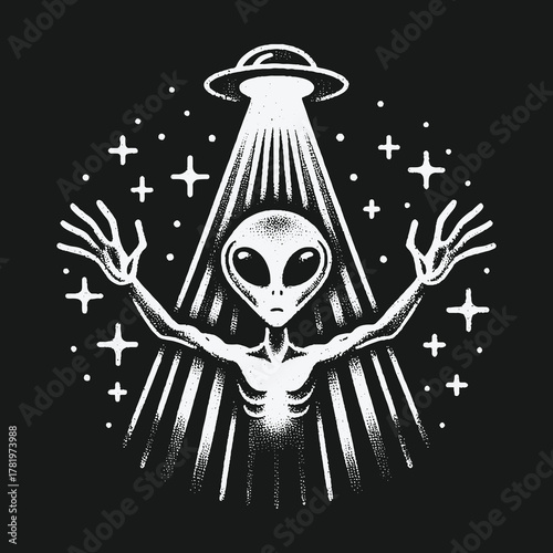 Monochrome graphic of a grey alien being abducted by a UFO.