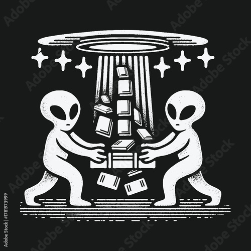 Two Aliens Abducting Books with a UFO Tractor Beam.