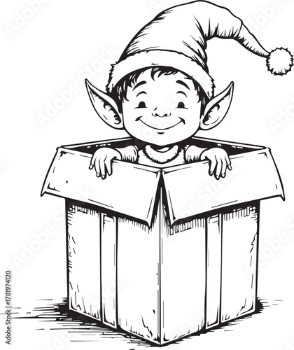 A charming elf pops out of a present, radiating holiday cheer and festive anticipation, showcasing the joy of giving.