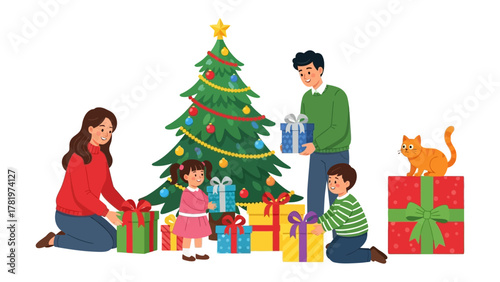Christmas Cheer: A family gathers around a beautifully decorated Christmas tree, unwrapping colorful gifts and sharing in the joy of the holiday season, with a friendly cat observing the festivities.