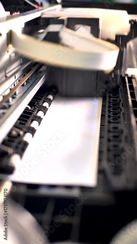 Vertical video close-up 4K footage of inkjet printer printing on white A4 paper. Ideal for office, business, technology, and production process concept