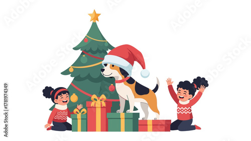 Joyful Christmas Scene: Two children and a dog celebrate the holiday in this heart warming image.  A decorated Christmas tree, wrapped gifts, and a festive dog.