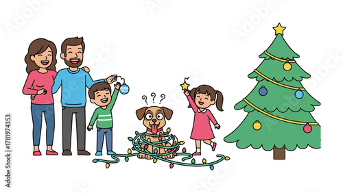 Festive Family Fun with Christmas Decor: A cheerful family is gathered around a christmas tree, decorating with a playful dog and spreading holiday cheer.