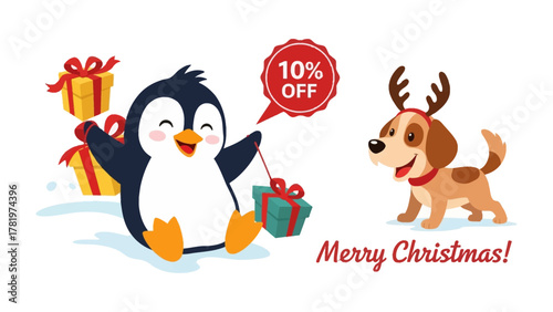 Festive Christmas Cheer: A charming penguin and a playful dog embody the spirit of Christmas. with gift and sale tag, it's a scene filled with festive decorations and the warmth of holiday spirit.