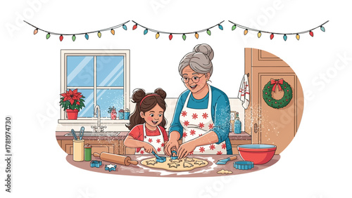 Baking Joy: A heartwarming illustration of a grandmother and granddaughter baking cookies in a cozy kitchen, crafting sweet memories amidst festive decorations.