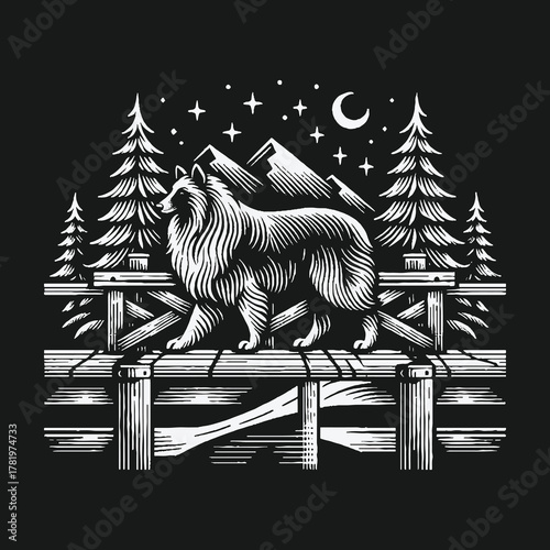 Vintage woodcut illustration of a collie dog on a fence under the night sky with mountains and trees.