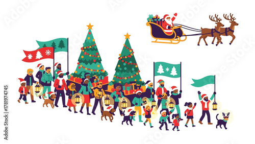 Christmas Parade of Joy: A festive illustration captures the essence of Christmas with a vibrant parade, featuring floats, adorned Christmas trees, and joyful participants.