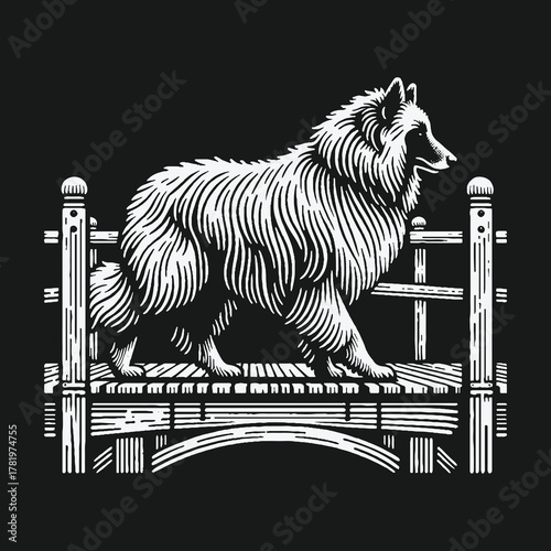 Majestic Collie dog standing on a rustic wooden bridge linocut illustration.
