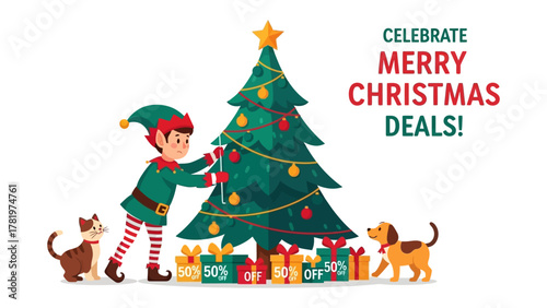 Christmas Cheer: An elf joyfully decorates a festive tree, while a cheerful cat and dog eagerly watch, surrounded by brightly wrapped presents and holiday joy.