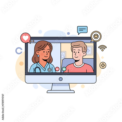 Online medical consultation with a doctor and patient on a computer screen.