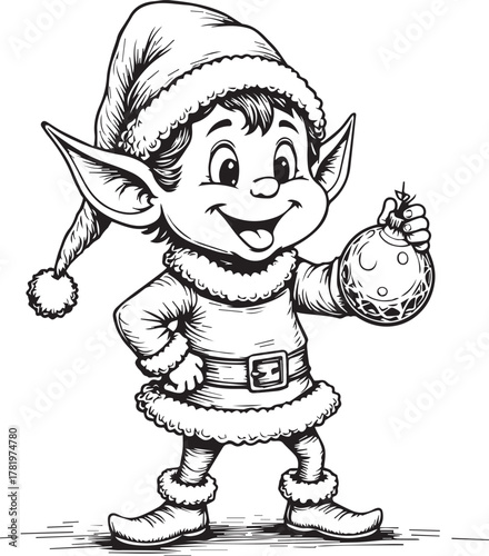 A festive Christmas elf joyfully holding a decorative ornament, capturing the holiday spirit in a black and white illustration.